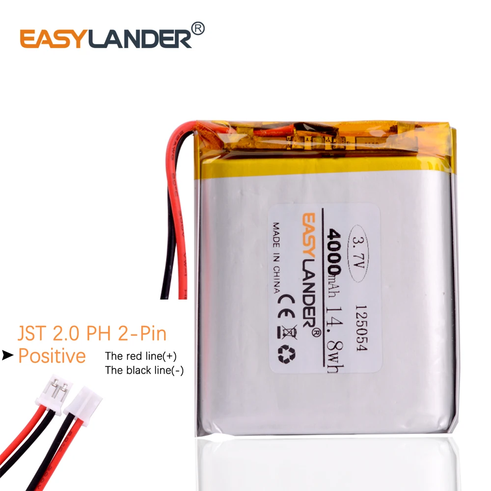 CE+Rohs JST XHR 2.0mm 2pin 3.7V 4000mah 125054 Lithium Polymer LiPo Rechargeable Battery For Mp3 Mp4 Mp5 DIY