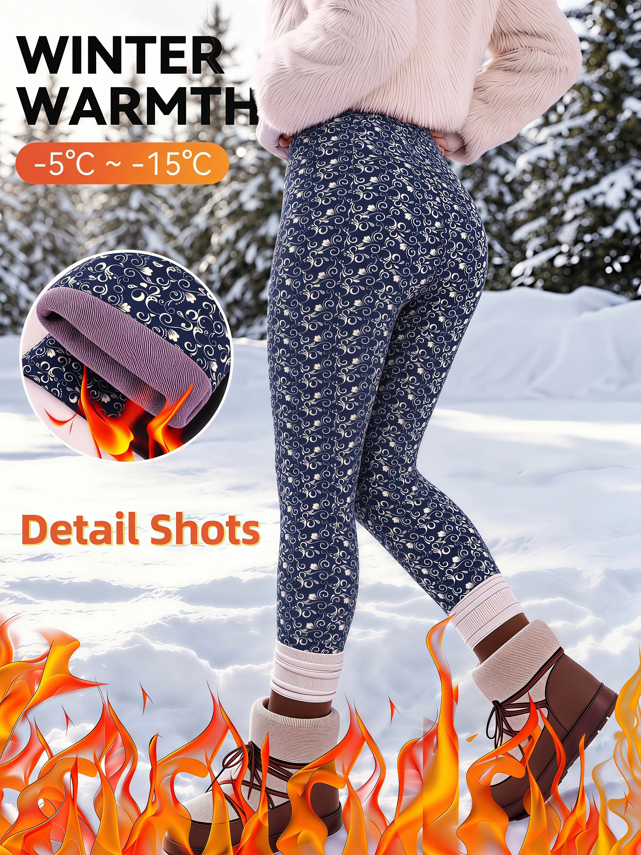 Damen-Leggings im Vintage-Stil mit Blumenmuster, hoher Taille, Fleece-Futter, dickes Korallen-Fleece, wärmend, Thermohose für Herbst und Winter. – Detail 5