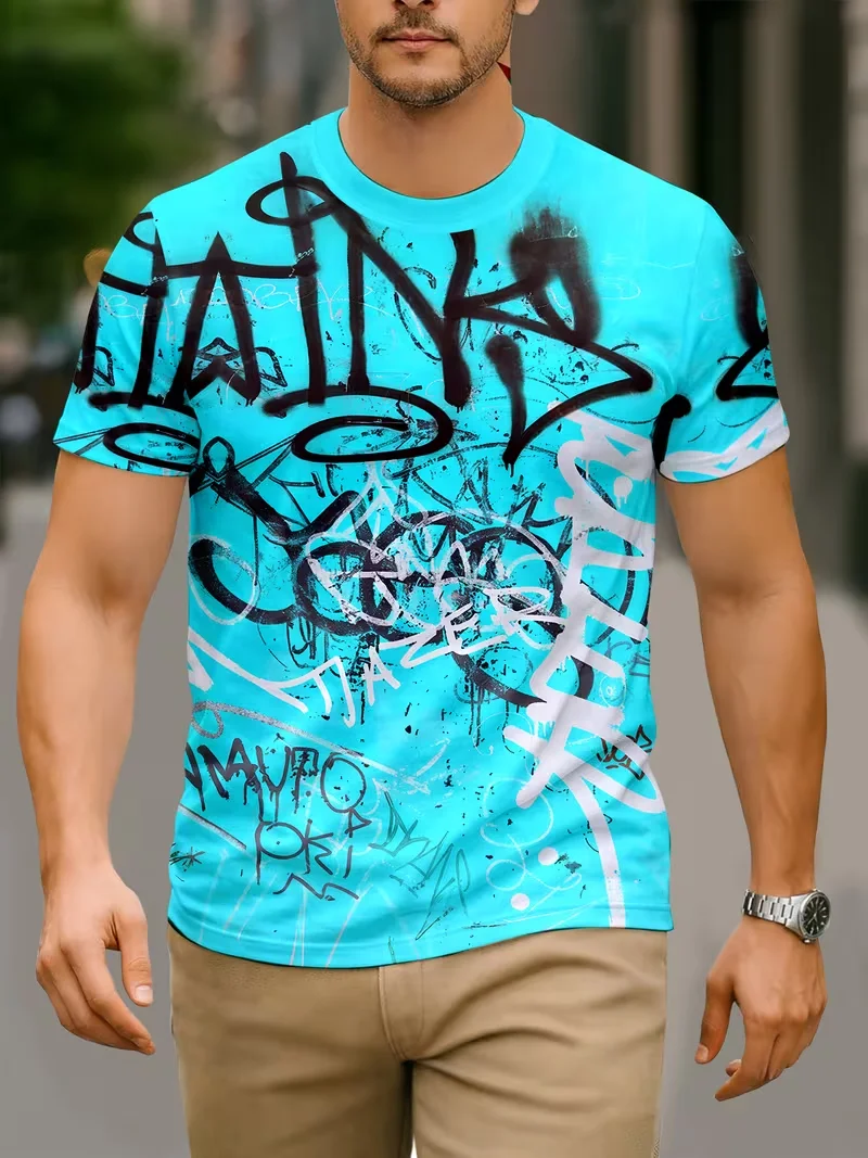 men's crew neck short sleeve t-shirt, full coverage graffiti letter splatter print, street hip hop style casual daily top