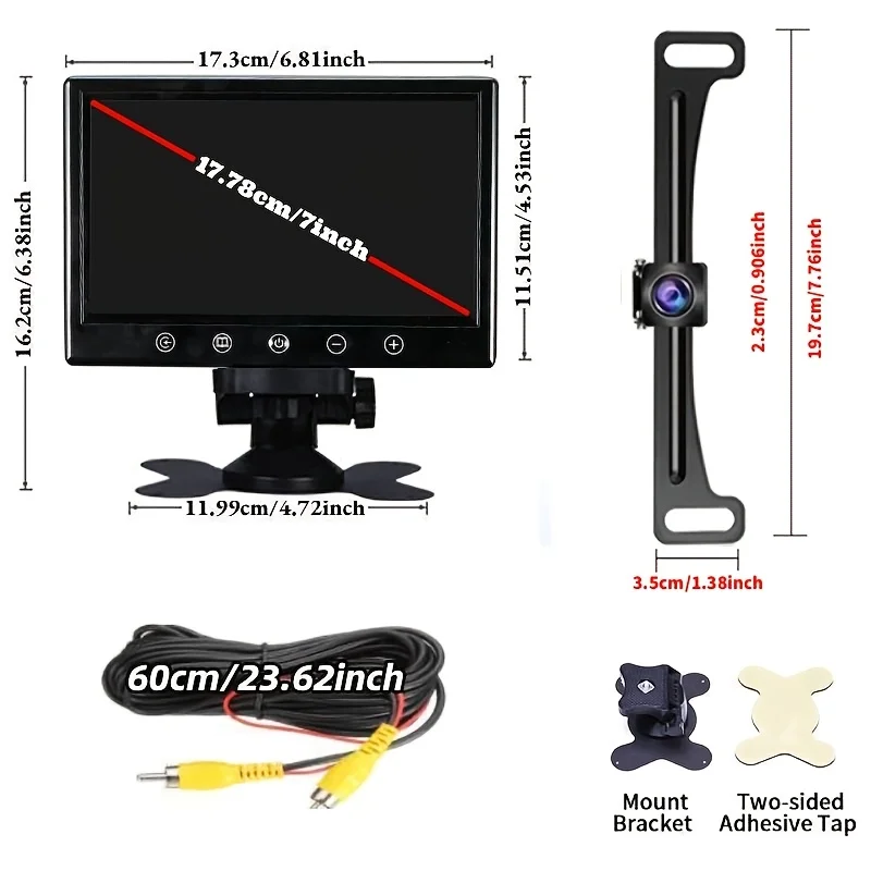 17.78 cm Desktop Monitor with Touch Button & Metal License Plate Rear View Camera Kit Easy Installation for Car Truck Pickup