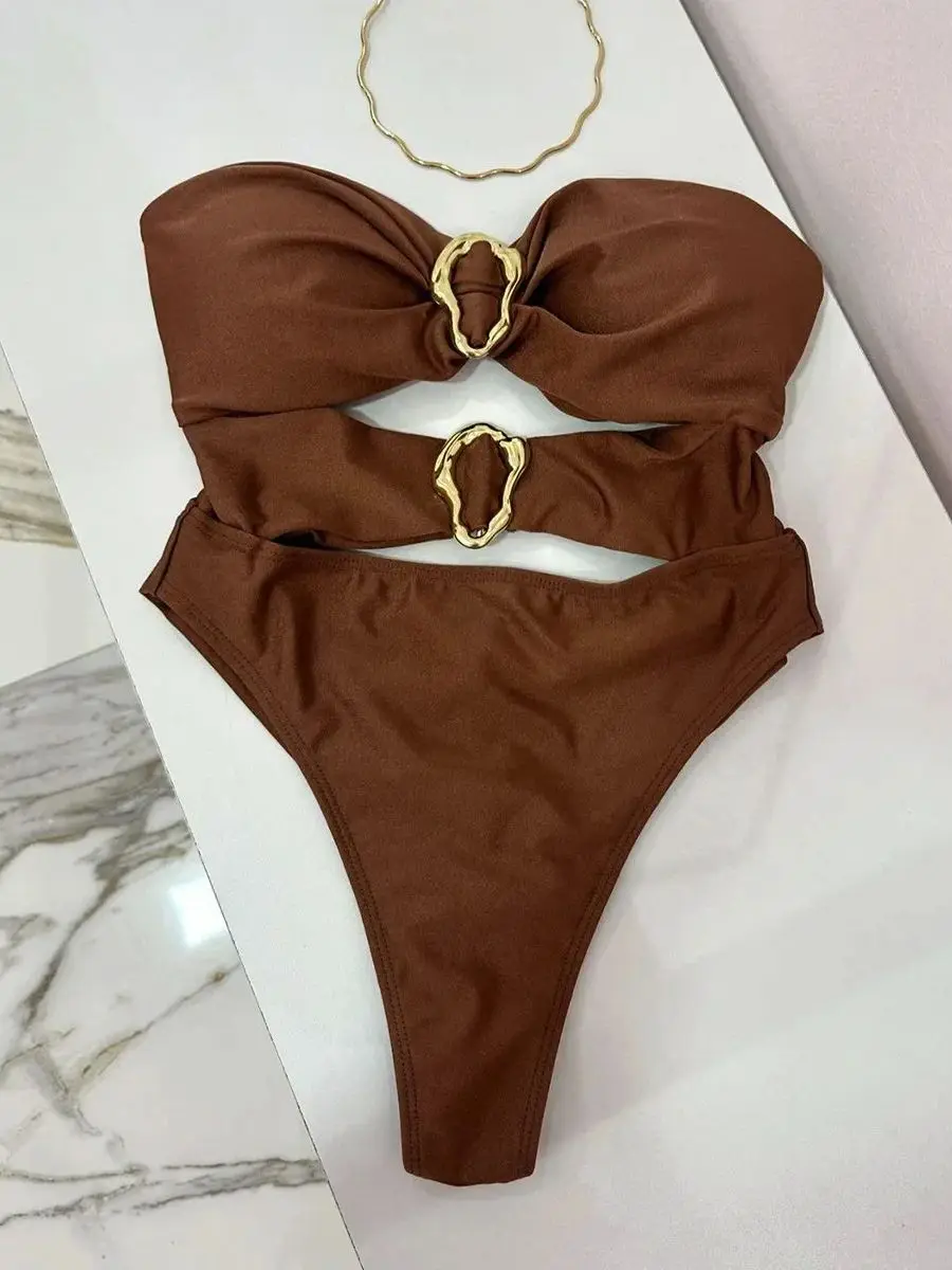 3 Colors Sexy Metal Rings Cut Out Women Swimwear One Piece Swimsuit Female Bandeau High Leg Cut Bather Bathing Suit Swim B022D