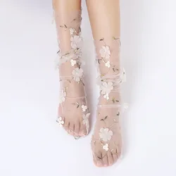 Calcetines de encaje con flores en 3D para mujer, medias largas de tul transparente, ultrafinas de verano