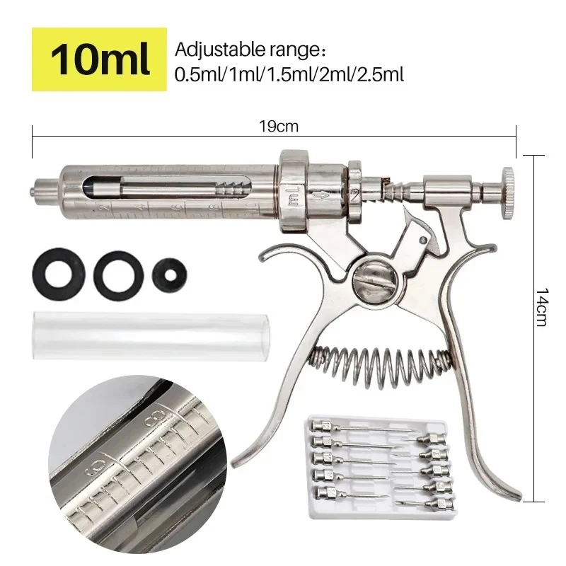 Veterinärtier-Spritze mit kontinuierlicher Injektion, Revolver, 10/20/50 ml, automatische Impfpistole aus Edelstahl für Kuh, Schwein, Schafe – Detail 3