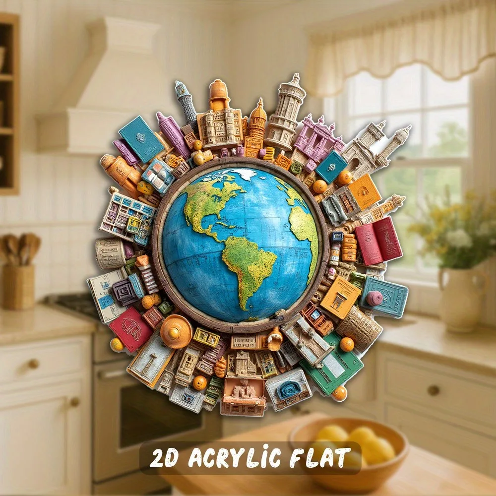Aimant de réfrigérateur globe terrestre 2D en acrylique, monuments mondiaux célèbres, aimant de réfrigérateur coloré sur le thème du voyage pour les amateurs de voyages