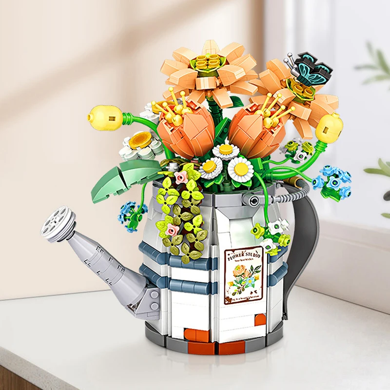 Mini Watering Can Potted Building Blocks Flower DIY Plant Bonsai Bouquet 3D Model Home Decoration Children\'s Assembled Toy Gift