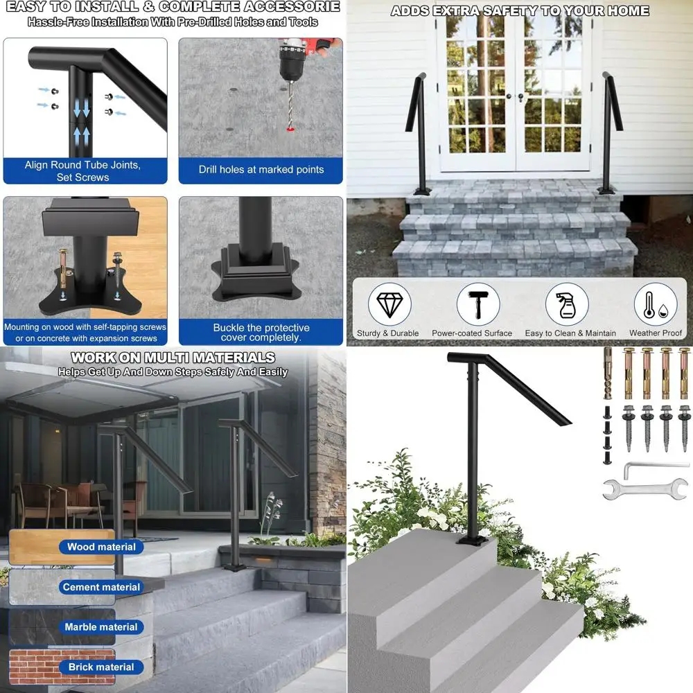 

Handrails for Outdoor Steps, Single Post Wrought Iron Handrail for 1, 2, 3 Step, Outdoor Stair Rail Handrails with DIY Took Kit,