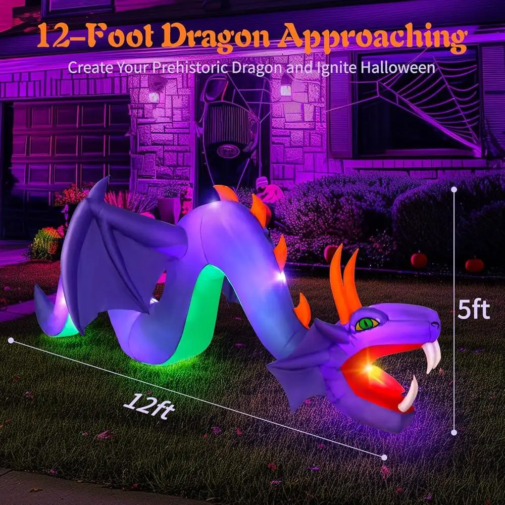 12ft Inflatable Dragon Halloween Decorations Outdoor Giant Purple Dragon with LED Lights Spooky Party Yard Decor Airblown