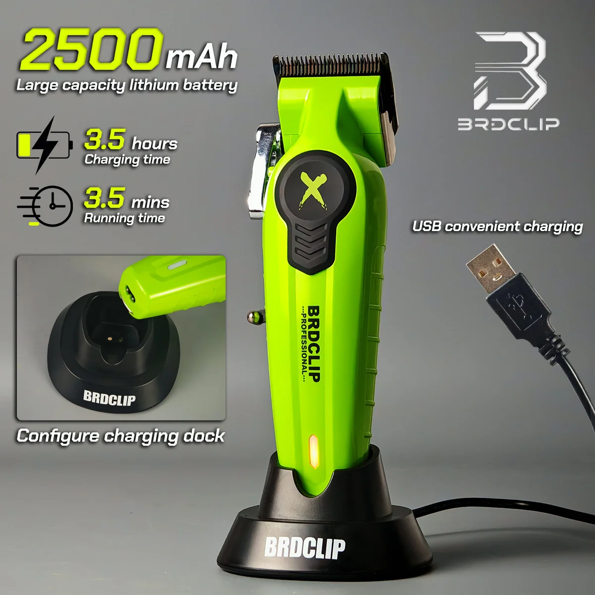 BRDCLIP BRD-FA1C Tagliacapelli ricaricabile con base professionale con lama in acciaio inossidabile DLC verde 7500 giri/min Tagliacapelli per parrucchiere