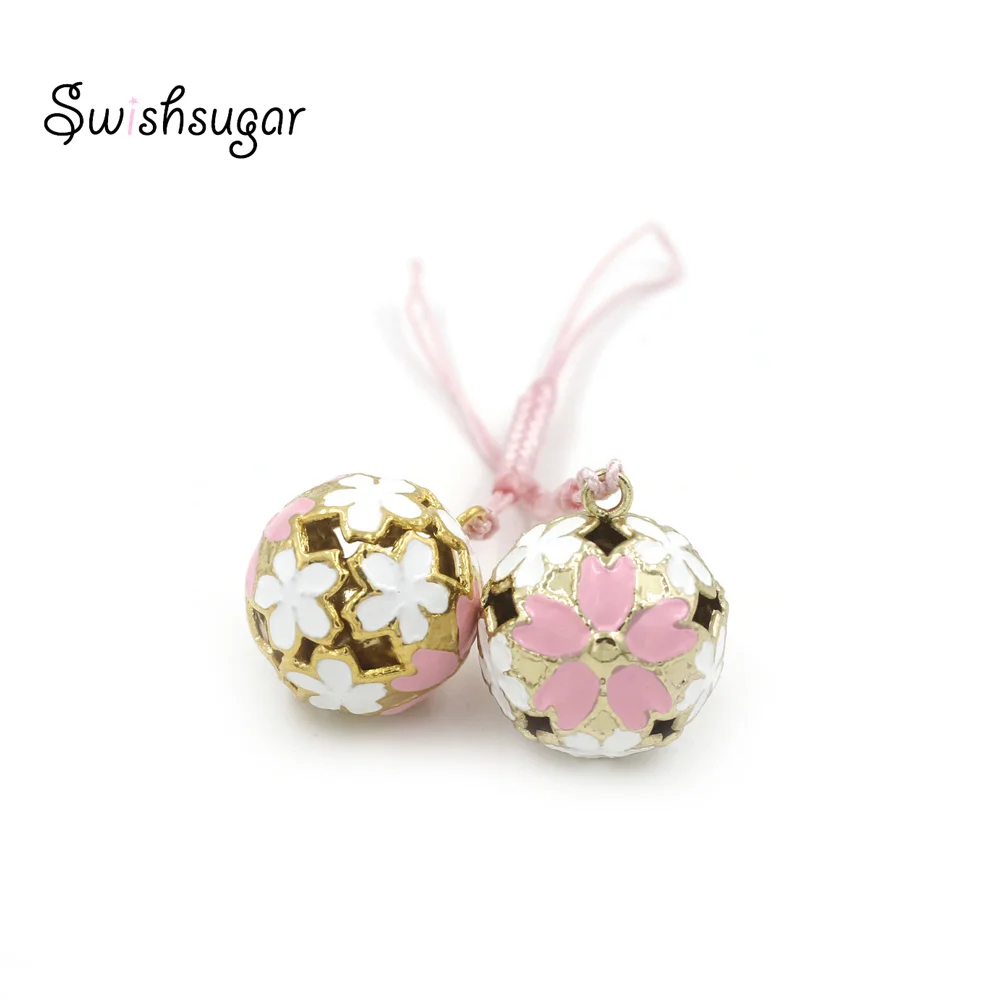 Hollow Japanese Temple Sakura Flower Jingle Bell Charm Pendant With Rope Jewelry Craft Accessories Decor