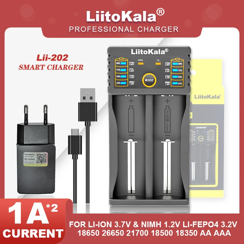 Liitokala Lii-CH2 Lii-402 Lii-202  Rechargeable Battery Smart Charger For 3.2V 3.7V 18650 26650 21700 18350 Battery