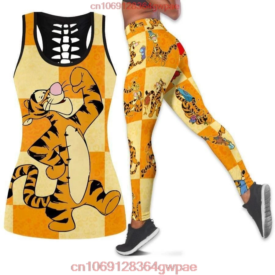 Disney Tigger Women Book Hollow Vest + Women Leggings Yoga Suit Fitness Leggings Sports Suit Disney Tank Top Legging Set Outfit