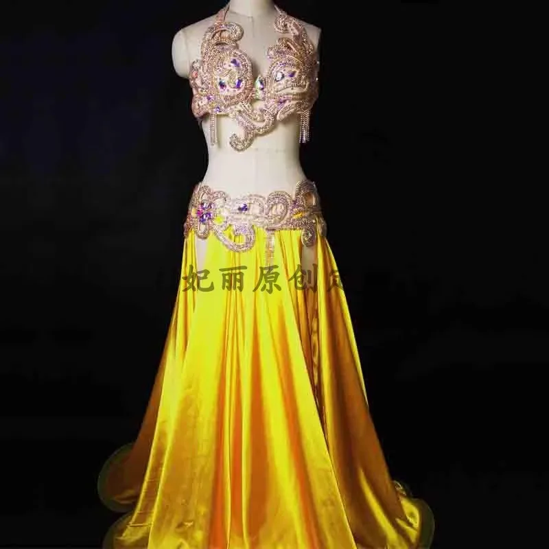 ที่กําหนดเอง Belly Dance เครื่องแต่งกายชุด Bra Hollow เอวเพชร Super Flash Pure Big Swing ชุดกระโปรง