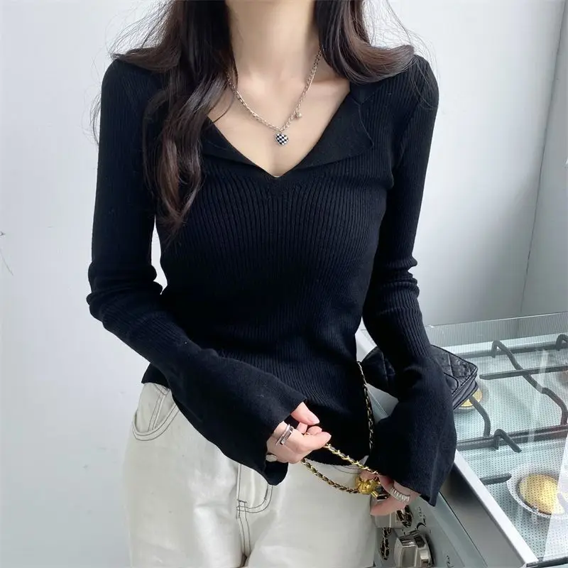 Clothing Long Sleeve Polo Neck Shirts for Women Knit Tops Plain Aesthetic Cute T-shirt Woman Polyester Summer 2024 Sale V Luxury