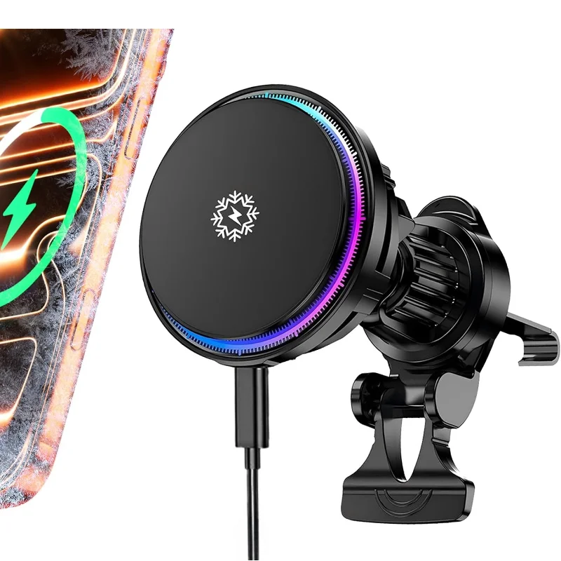 Car Charger RGB Ice Cooling Magnetic Wireless Car Charger Phone Holder Air Vent Mount Fast Charging for iPhone 18 17 16 15 14 13