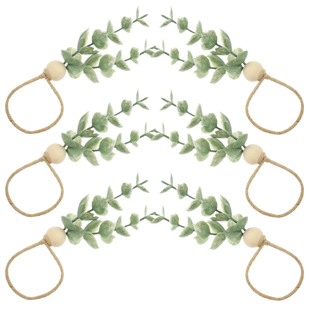 

6pcs Wooden Beads Napkin Rings Farmhouse Style Eucalyptus Leaf Decorative Serviette Rings For Wedding Party Table Decoration
