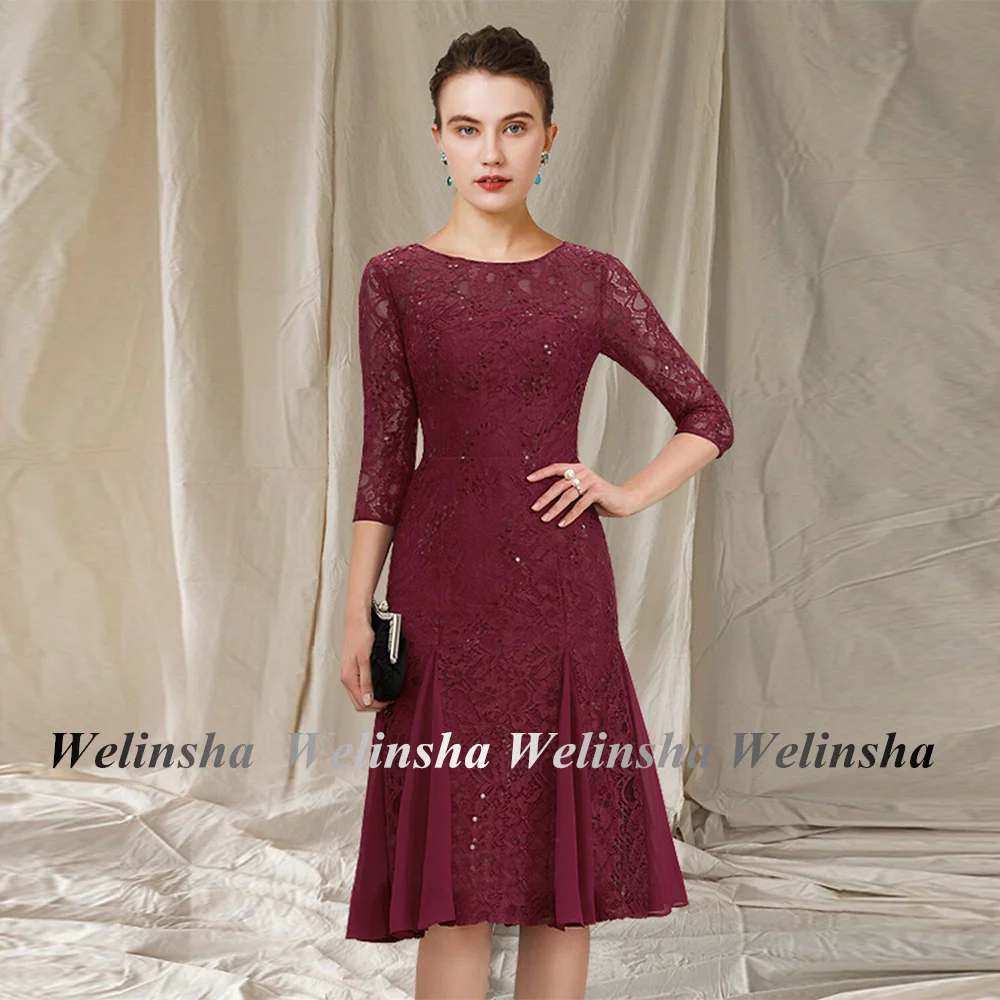 

Weilinsha Burgundy Mother of The Bride Dress Scoop Neck 3/4 Sleeves Beading Lace Chiffon Knee Length Mermaid Wedding Guest Gown