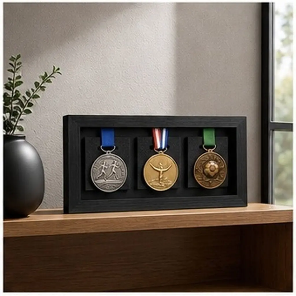 Wooden Wall Mounted Medal Display Case for Sports Awards, Gymnastics, Football, Track & Field