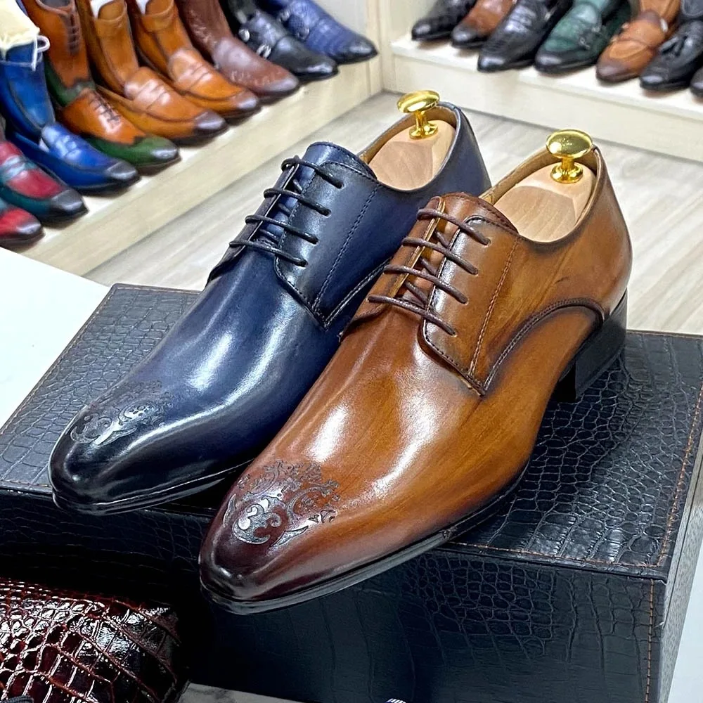 Men's Hand Painted Genuine Leather Oxford Shoes Embossed Formal Dress Shoes for Business Wedding Party Mens Casual Footwear New