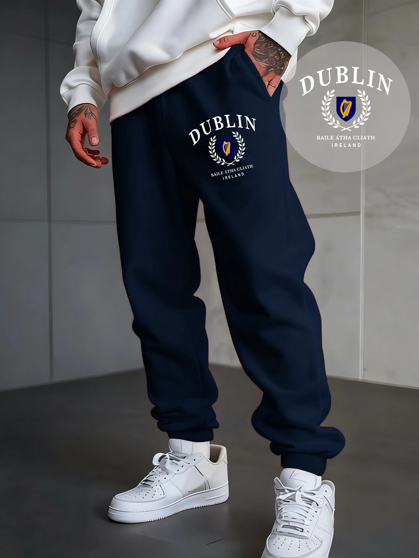 

Dublin Ireland Letter Design Mens Pants Fleece Street Sweatpant Drawstring Pocket Unisex Trousers Casual Hip Hop Male Pant
