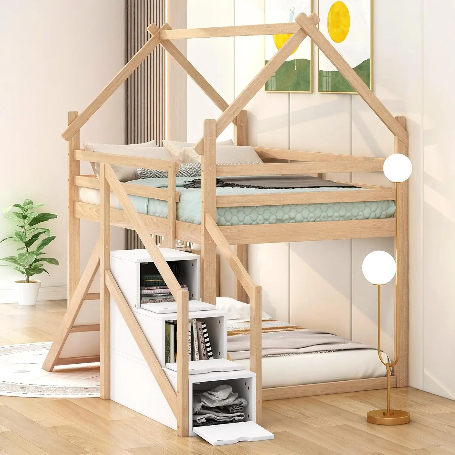 Twin Over Twin Wood House Bunk Bed With Slide And Storage Staircase, Twin Size House Loft Bed Frame With Roof And Safety