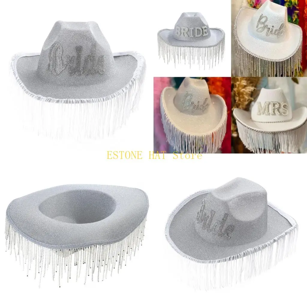 49MF Sombrero vaquera con borlas y diamantes imitación brillantes, sombrero ancha para despedida