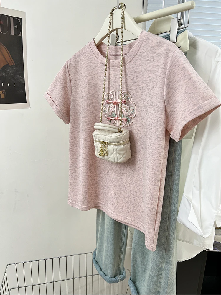 2024 Spring/Summer New Fashion Versatile T Shirts New Chinese Style Embroidered Short Sleeves Loose T-shirt Women Casual Top