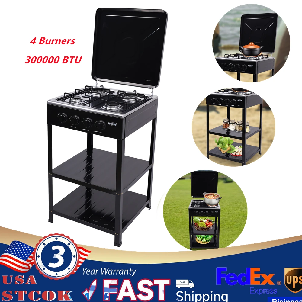 

Outdoor 300000 BTU Stove Propane 4 Burner Portable Cooker BBQ Grill Windshelter Black with Detachable Storage Rack