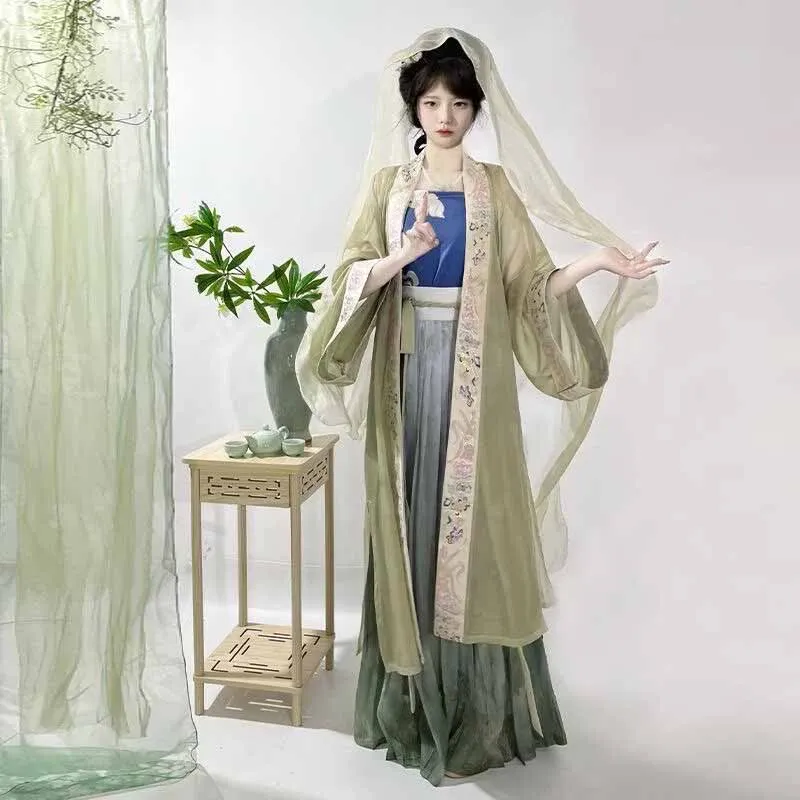 

Traditional Chinese Song Style Hanfu Dress Women 3pcs Set- Green Pink Coat Camisole&Pleated Skirt Summer Spring Hanfu Outfit