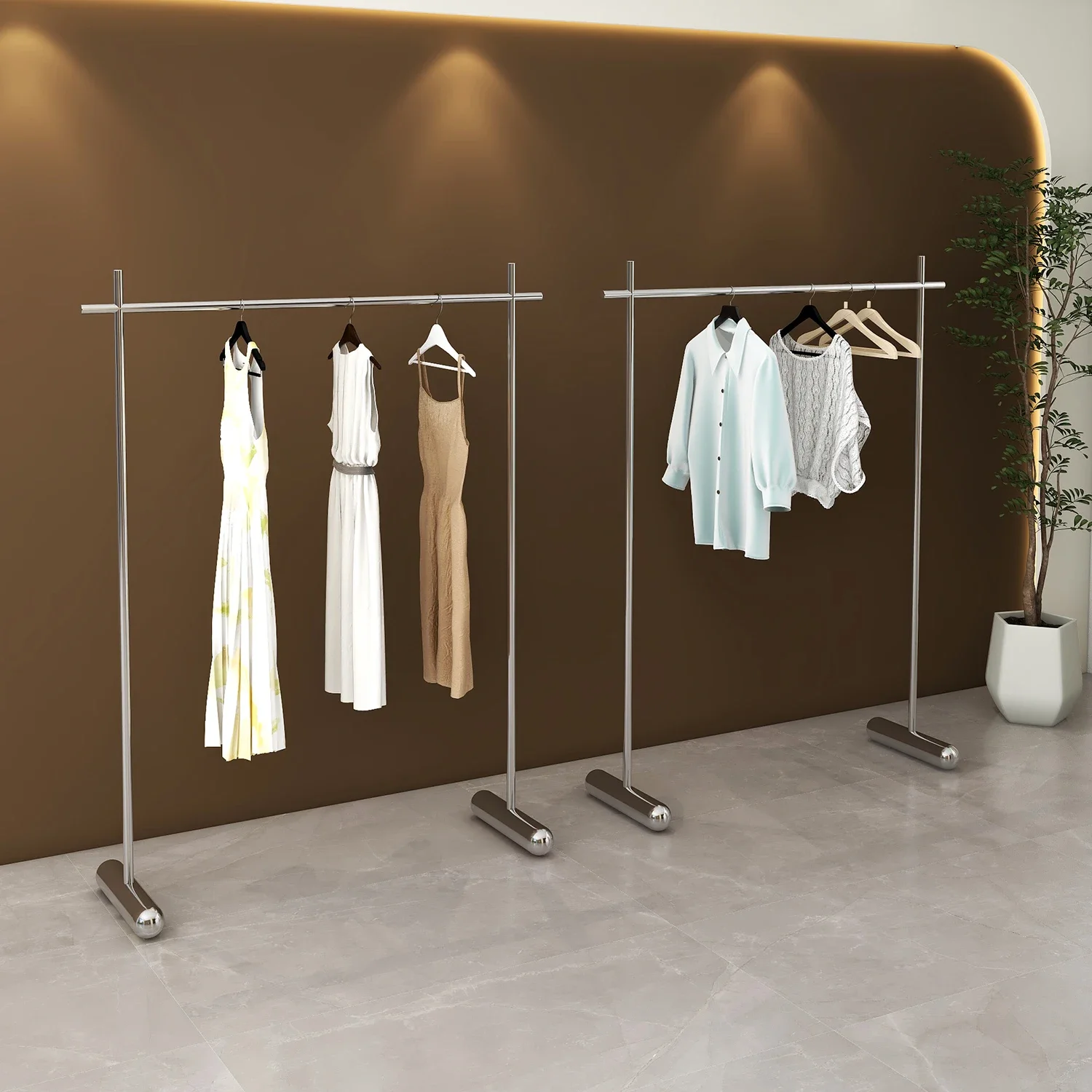 Clothing store display rack, new women's clothing floor standing stainless steel brushed silver hanging clothes rack, Zhongdao W