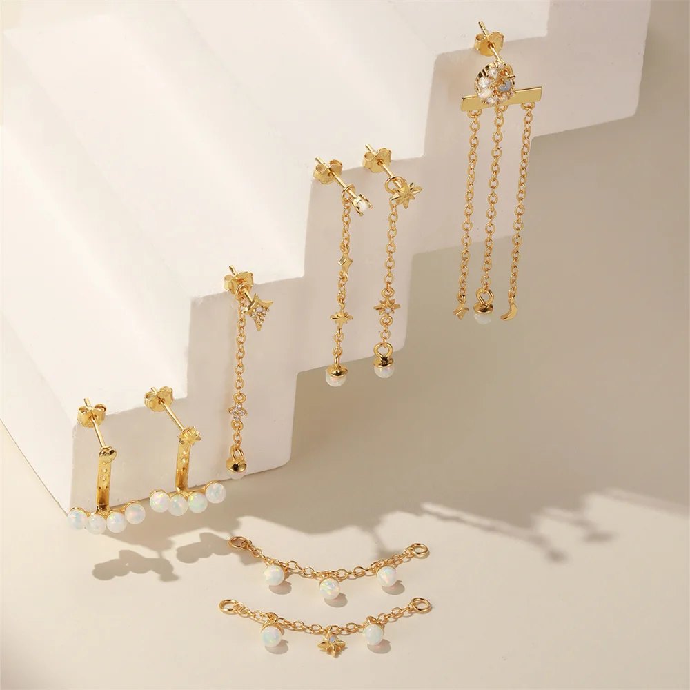 CANNER 1PC 925 Sterling Silver Eight-pointed Star Long Chain Tassel Opal Drop Earring For Women Minimalism Geometric Earring