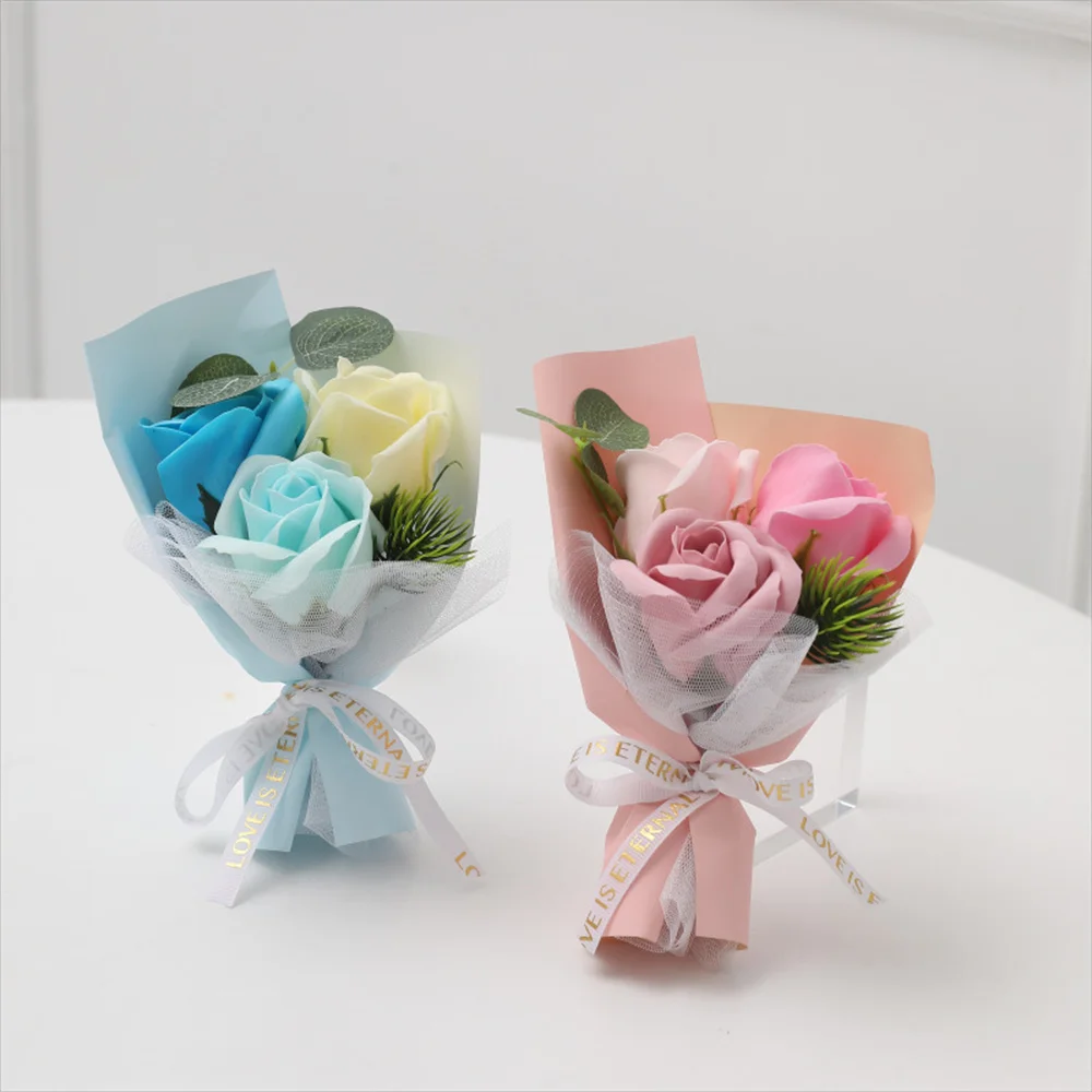 Rose Flower Bouquet 3 Heads Single Artificial Fake Flower Valentine Day Gift Holding Soap Flower Simulated Scented Flowers