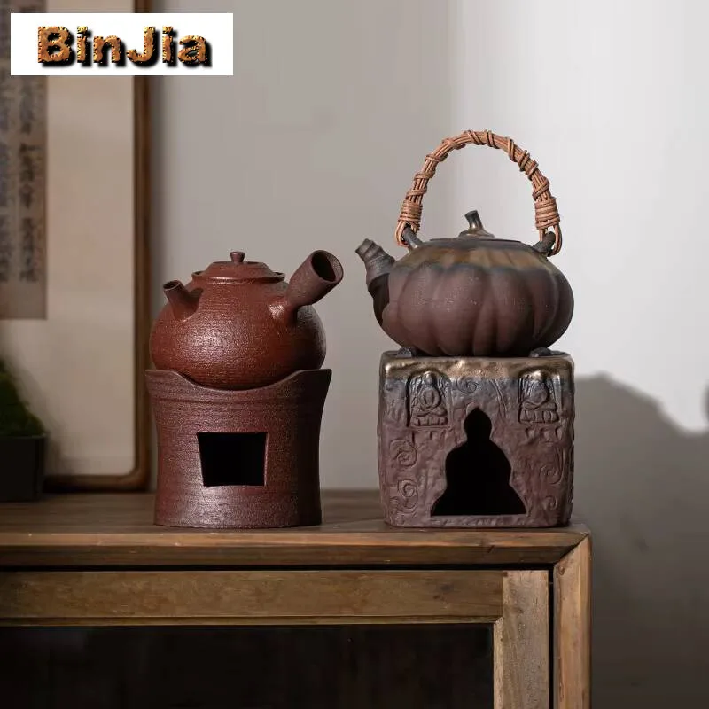 Retro Gilded Iron Glaze Alcohol Warm Tea Stove Chinese Rough Pottery Boiling Water Furnace Side Handle Pot Fire Heater