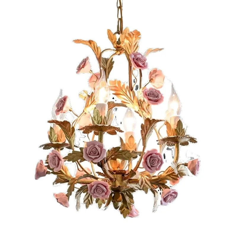 American chandelier, retro pastoral designer dining room study French cream style white ceramic rose bedroom light