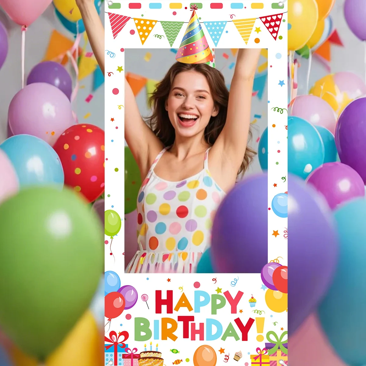 Bunte Happy-Birthday-Fotobox-Requisiten: Rahmen mit Ballonmuster für Erwachsenen-Geburtstagsfeiern, Hintergrund-Dekorationsrahmen – Detail 6