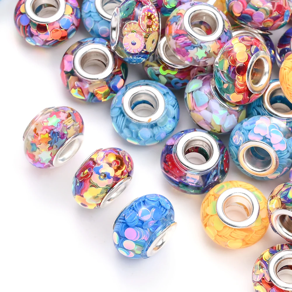 20Pcs 9×14mm Sequined Acrylic European Large Hole Beads, AB Mixed Color Barrel Spacer Beads For DIY Charm Bracelet Making
