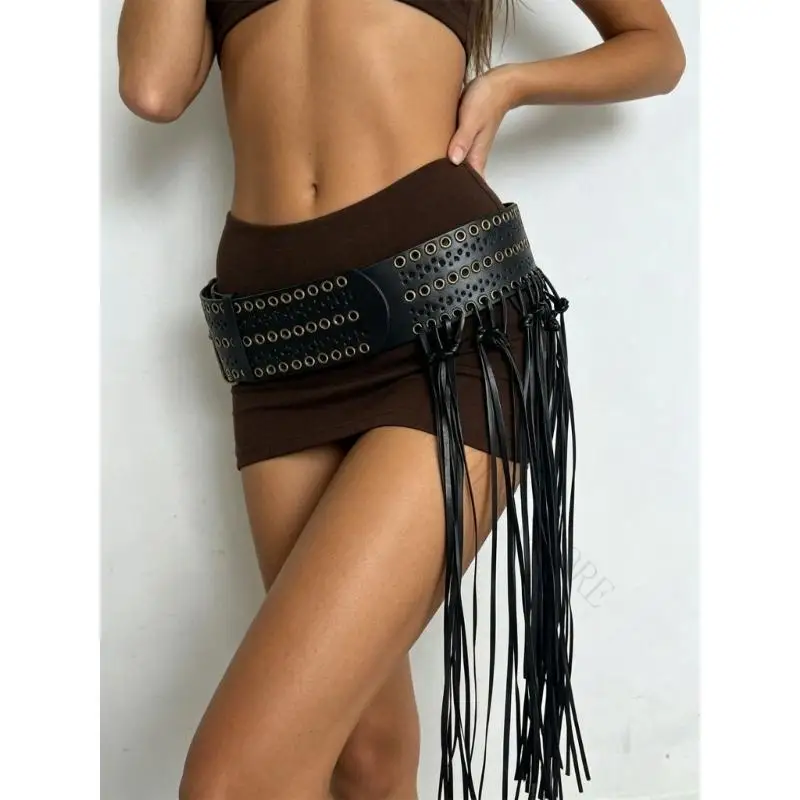 R7UF Eyelet Fringe Hip Belt Fashion Belt for Styled Looks and Daily Outfit Styling