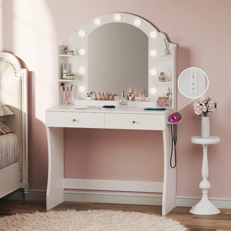 

Makeup Vanity Desk with Mirror and Lights, Vanity with Power Outlet, 3 Lighting Color Adjustable for Bedroom, Large Drawers