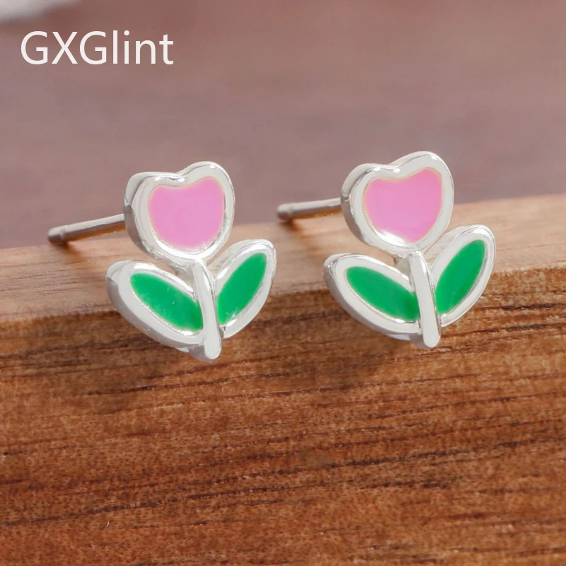 

GXGlint 925 Sterling Silver Enamel Tulip Stud Earrings Flower Earrings Korean Earrings for Women Fashion Gift