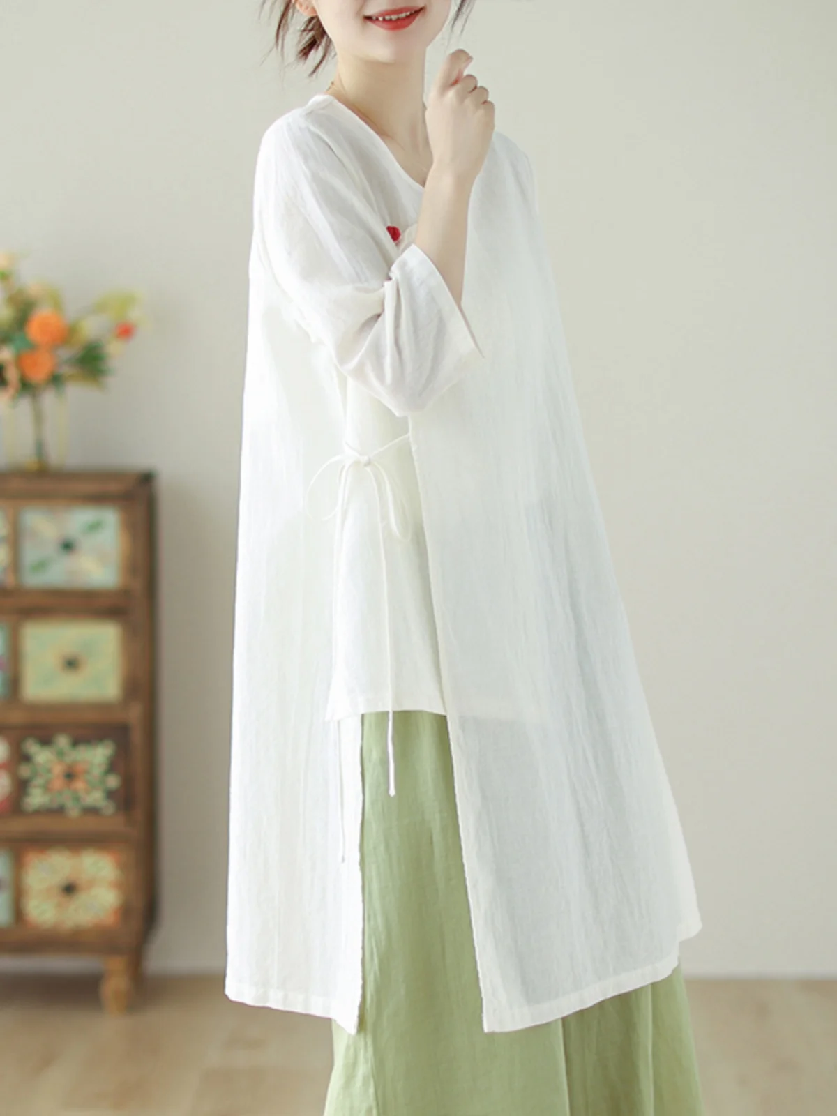 

High-End Women's irt Luxury Brand Improved Hanfu Silk Artistic Retro Button Sle Zen Tea Ceremony Clothing