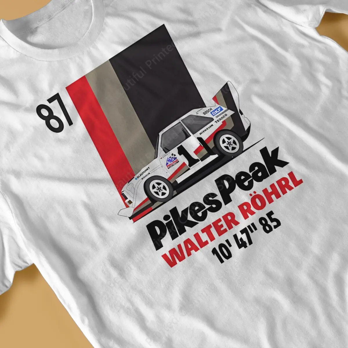 Gran Turismo Racing Game Mens T-Shirt Walter Rohrl Pikes peak 87 Funny Printing T-ShirtsO-Neck Breathable Tee Cotton Fun Tees