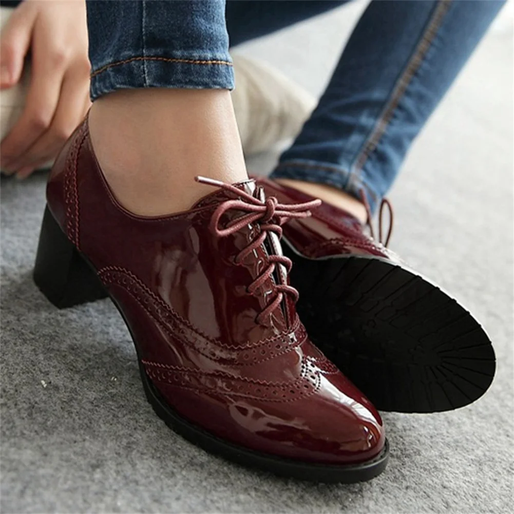 Big Size 34-43 Brand New Female Lace-up Oxfords Pumps Fashion Thick High Heels women's Pumps Party Office Retro Woman Shoes