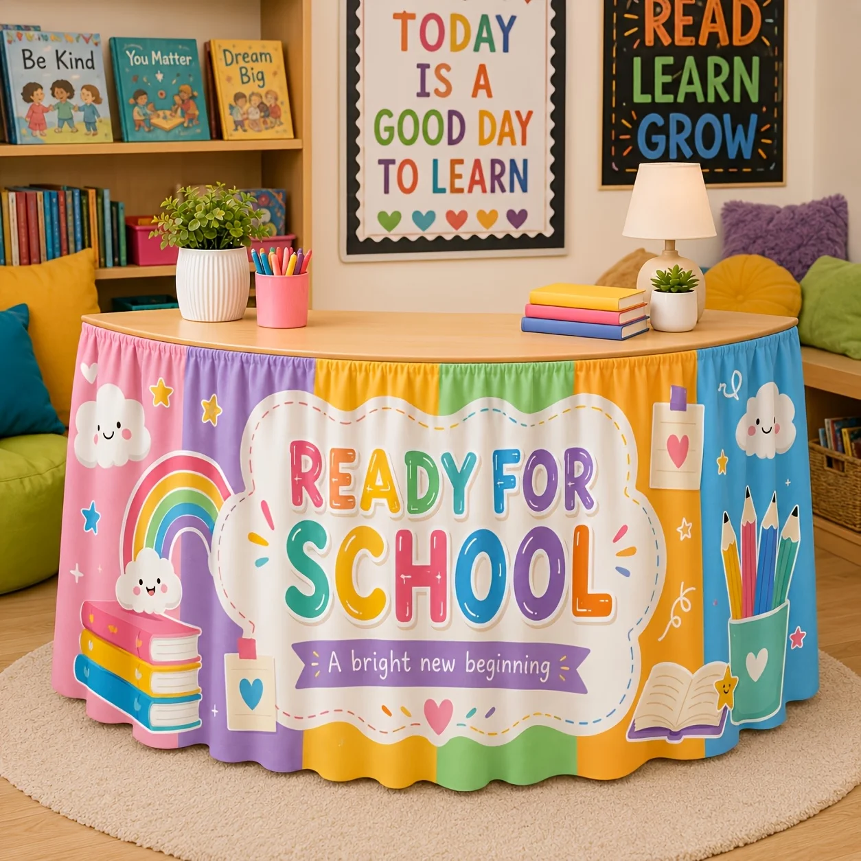 Send a tablecloth, table skirt, 1-piece, colorful campus-themed table skirt design, suitable for the school season