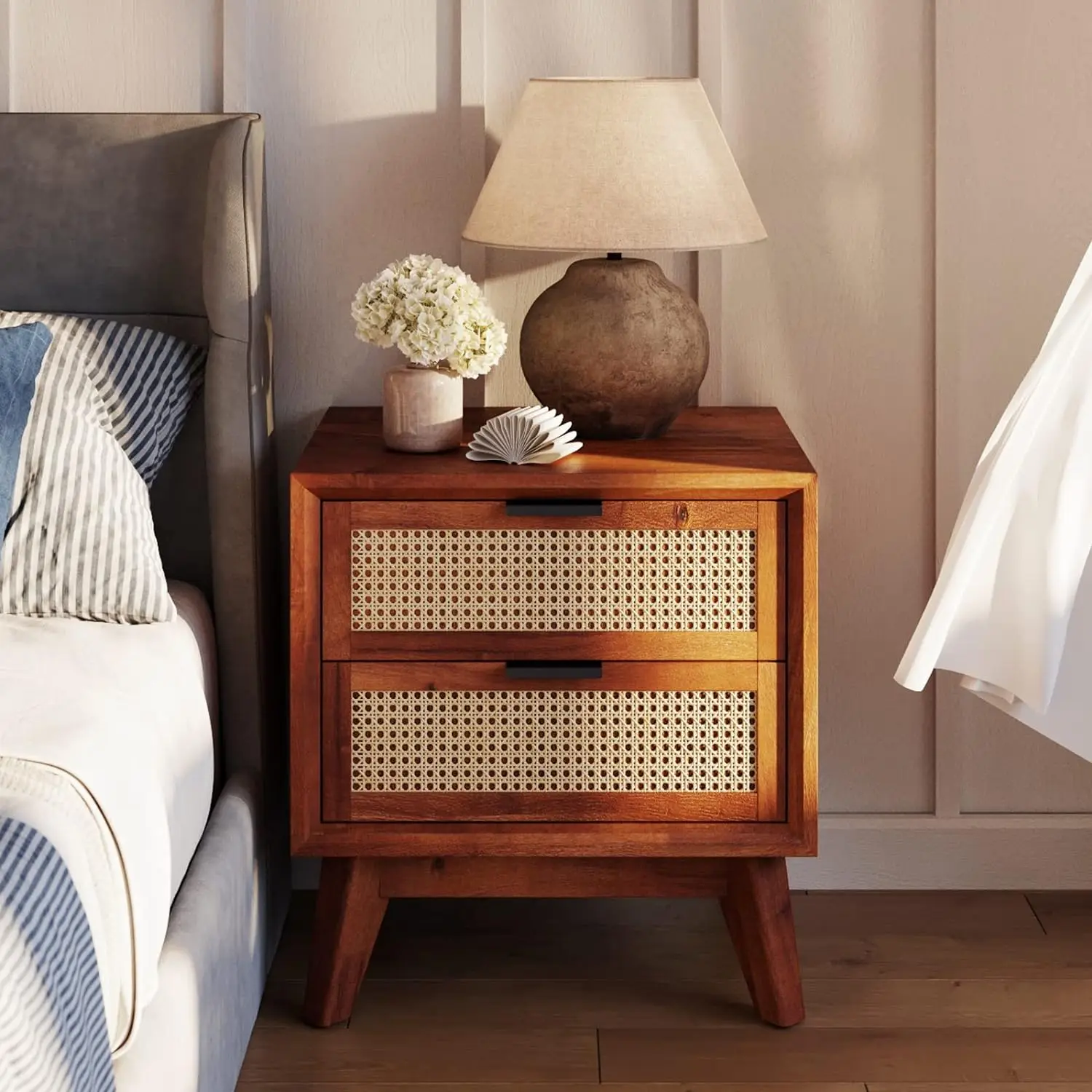 

Bme Jasper Deluxe Solid Wood Rattan Nightstand Fully Assembled-Mid Century Modern Side Table with 2 Drawers-Multipurpose