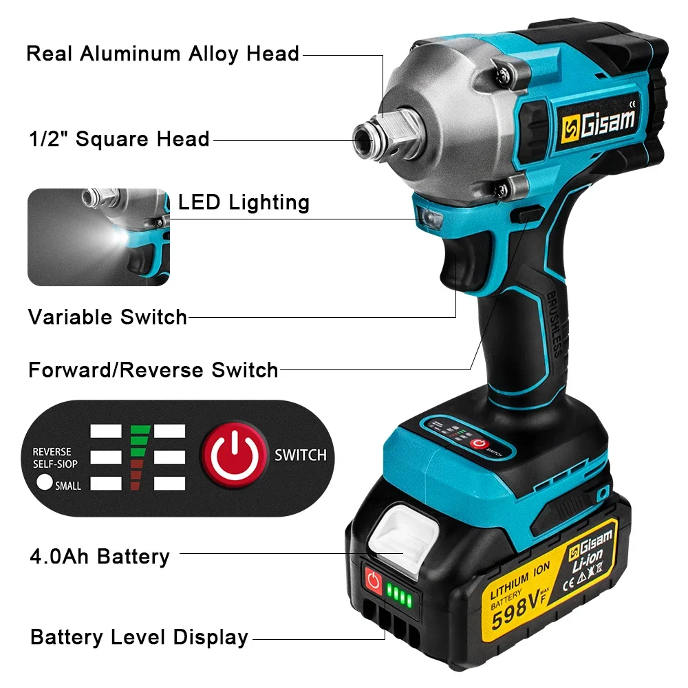 Gismis-llave de impacto eléctrica sin escobillas, Torque 1000N.M, llave inalámbrica de 1/2 pulgadas, destornillador, herramientas eléctricas para