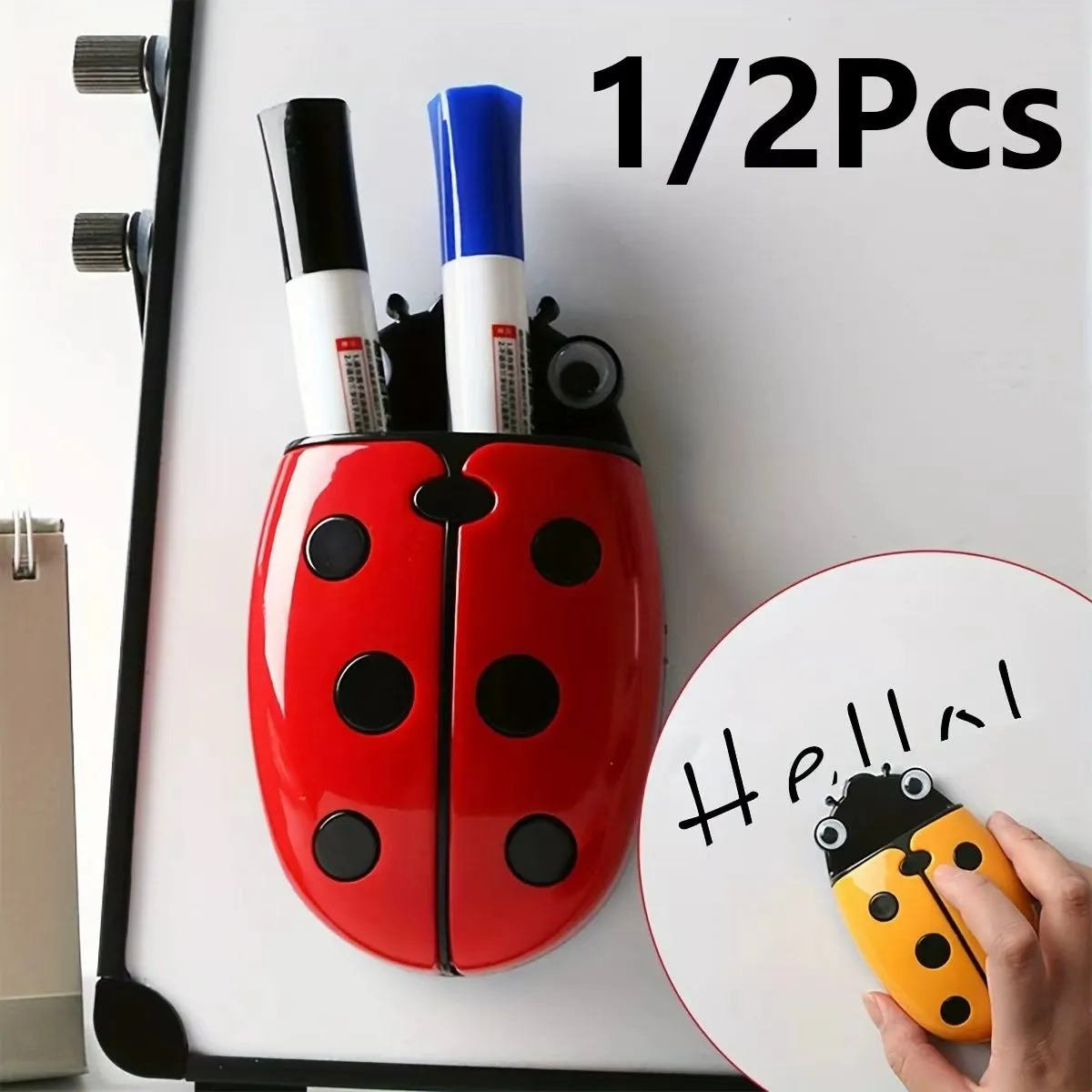 1 Piece/2 Pieces Set Cute Ladybug-Shaped Magnetic Pen Holder, Dual-Purpose Cartoon Plastic Box for Blackboard and Whiteboard Markers, Home Storage Box, Refrigerator Magnet Storage Box, Room Decoration, Storage, Office Decoration, Christmas Gift