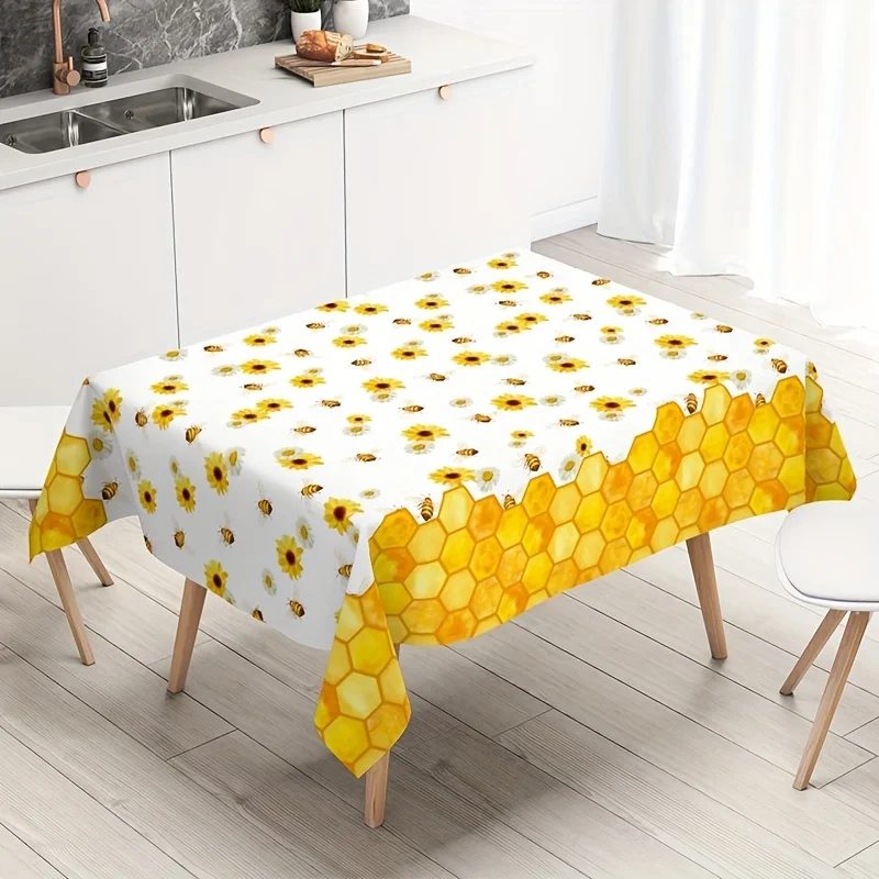 1pc, Honeycomb Daisy Honeycomb Pattern Tablecloth, 86.61*51.18inch, Bee Themed Disposable Plastic Tablecloth, Happy Birthday Par