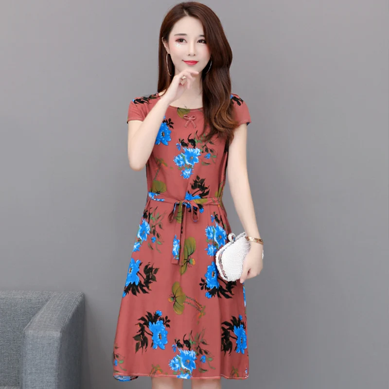 New Fashion Summer Women For Dresses 2025 Casual O-neck Print Vintage Elegant Short Sleeve Womens Clothing