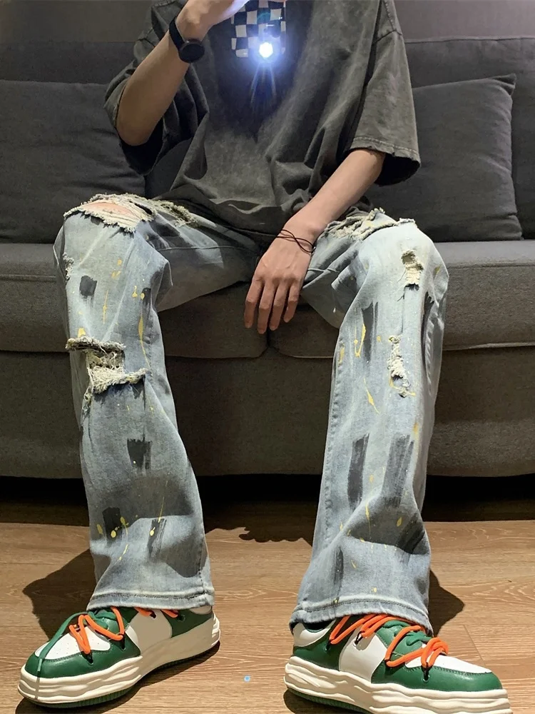 

Модные мужские летние тонкие джинсовые джинсы с широкими штанинами, прямой крой, винтажные американские повседневные брюки High Street Faion