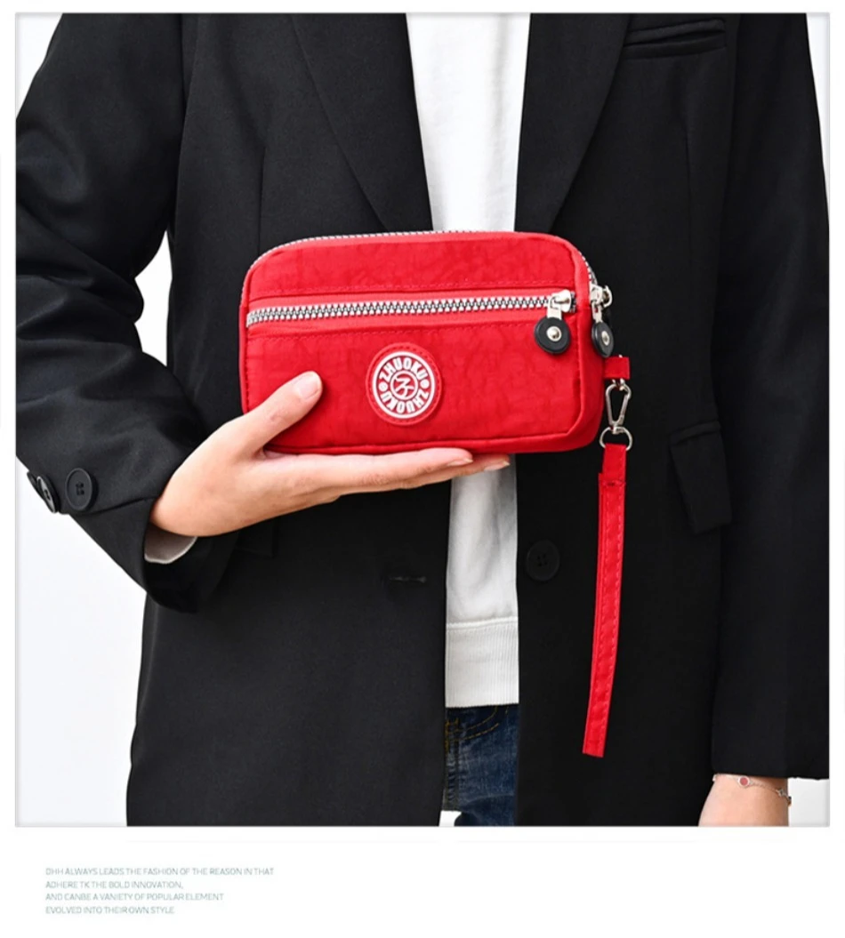 2026 New Clutch Women's Bag Three-Layer Zipper Mini Nylon Cloth Solid Color Mobile Phone Bag Coin Purse