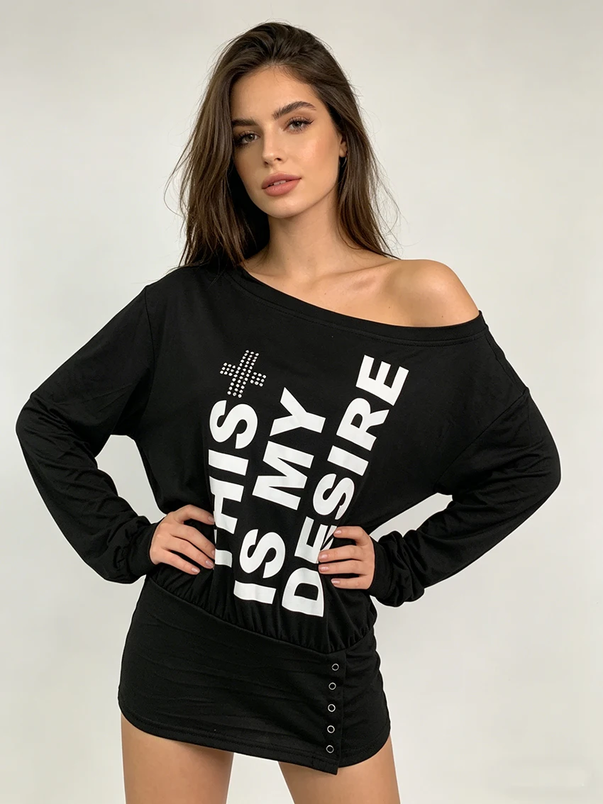 Y2k Millennium Style Long Sleeved Sloping Collar Design Off Shoulder Top Fashionable Classic Letter Printed Casual Loose T-shirt